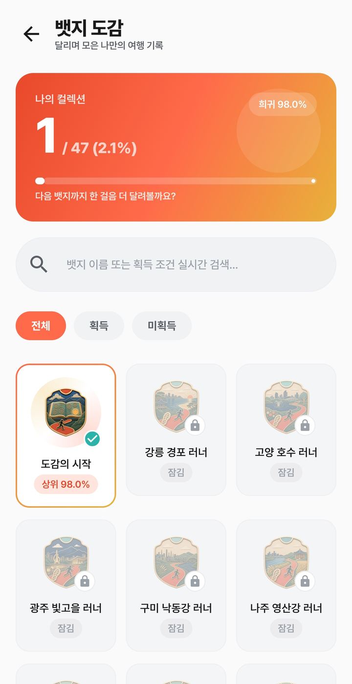 뱃지 도감 — 나의 컬렉션 1/47, 강릉 경포 러너 등 지역 뱃지